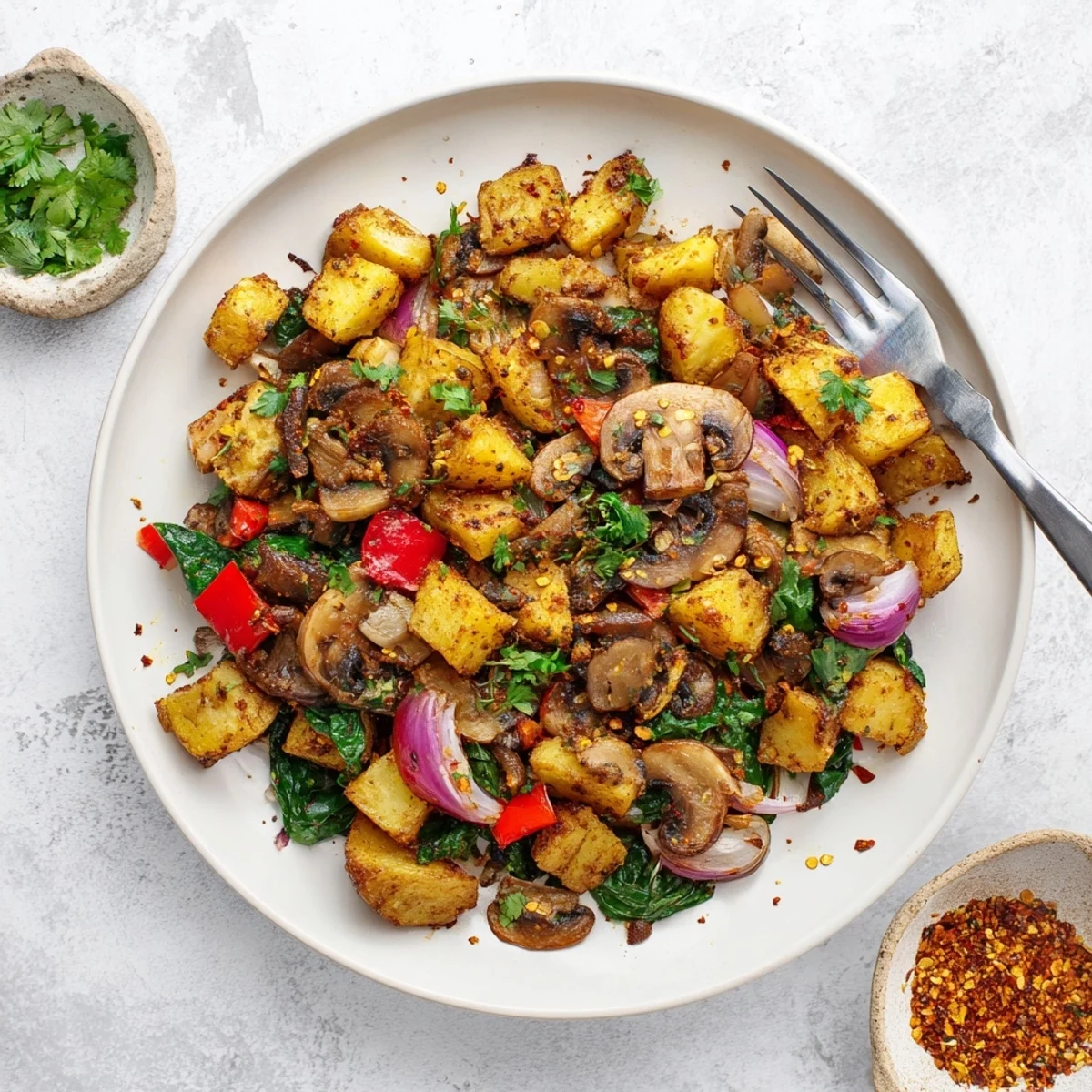 Hearty vegan breakfast hash loaded with seasoned potatoes and fresh vegetables ready to serve