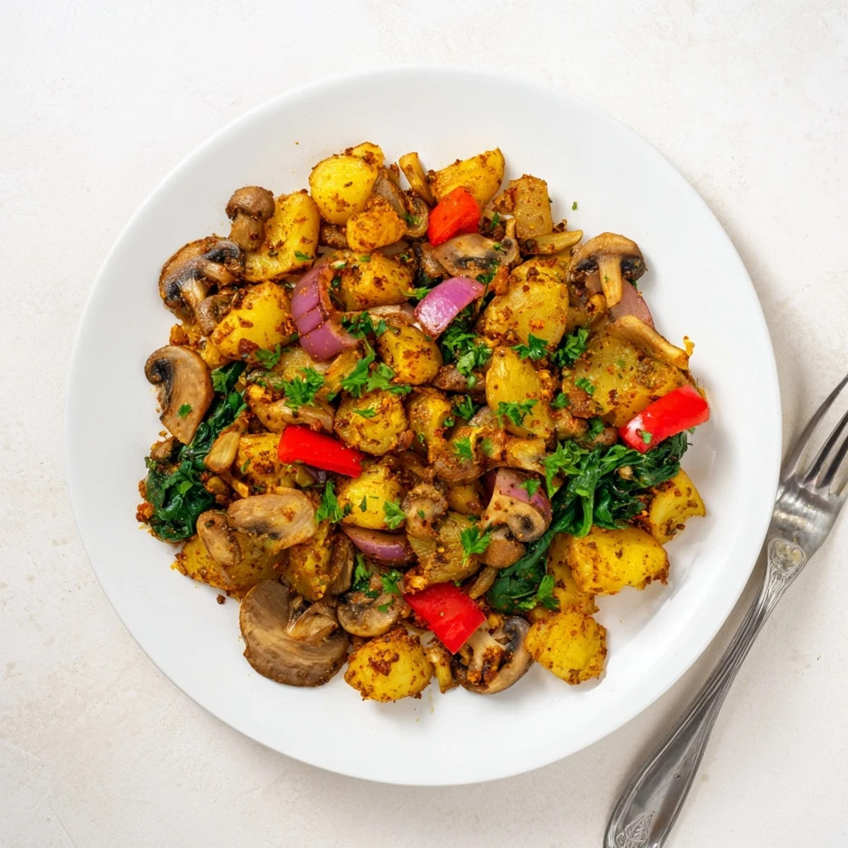 Sizzling skillet of flavorful vegan breakfast hash garnished with herbs for a nutritious morning meal