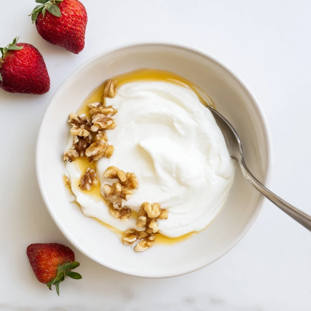 Rich velvety Greek yogurt drizzled with golden honey, served with walnuts and summer fruit