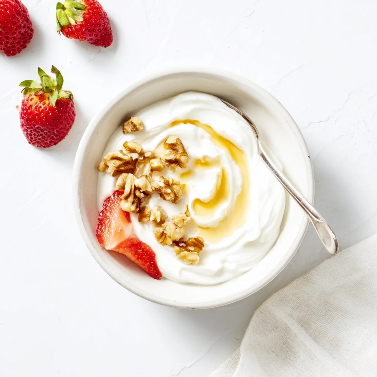 Thick strained Greek yogurt spooned into a white bowl with peach slices and mint garnish