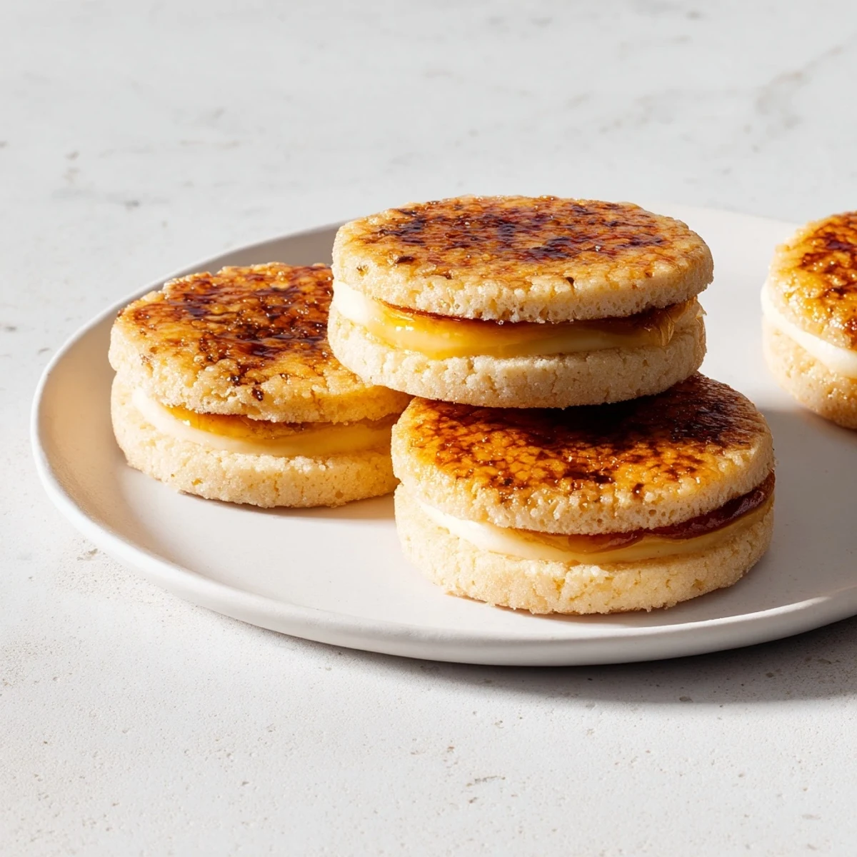 Buttery shortbread cookies topped with torched caramelized sugar and vanilla custard centers