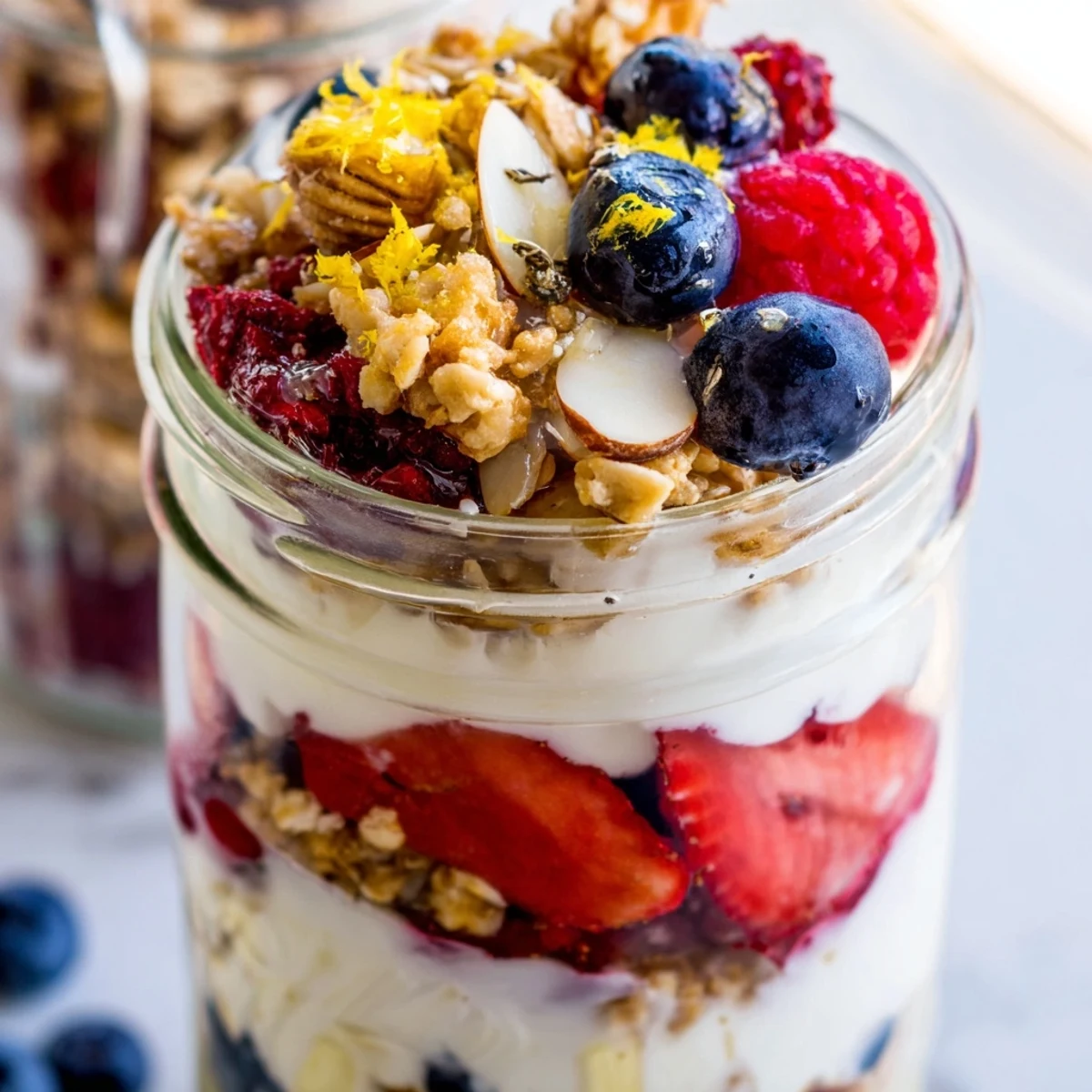 Creamy Greek Yogurt Parfait layered with fresh berries and crunchy granola in a glass