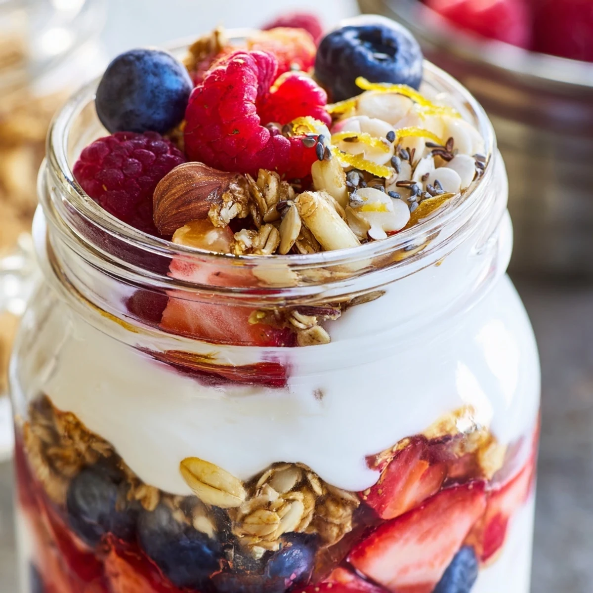 Greek Yogurt Parfait topped with sweet honey drizzle and colorful mixed summer berries