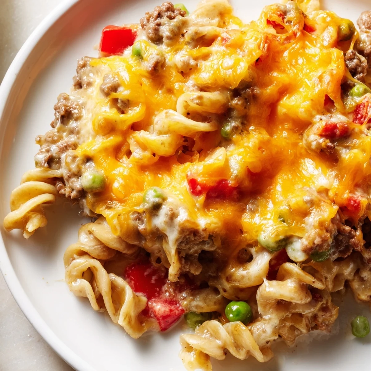 Golden bubbly cheesy beef and noodle casserole fresh from the oven with melted cheddar topping