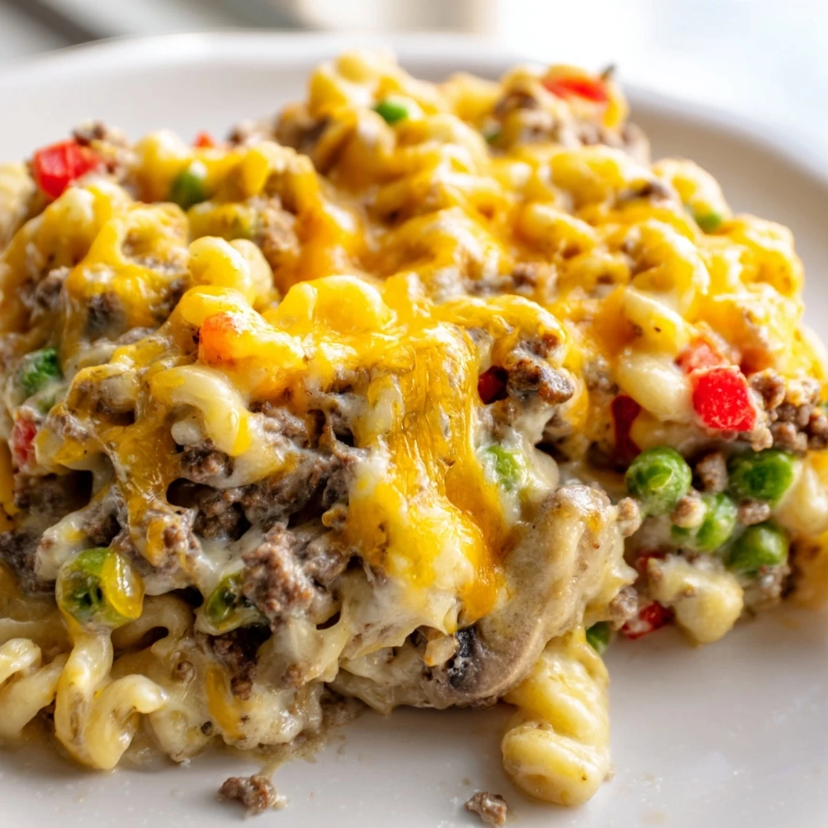Creamy cheesy beef and noodle casserole with tender egg noodles in a savory ground beef sauce