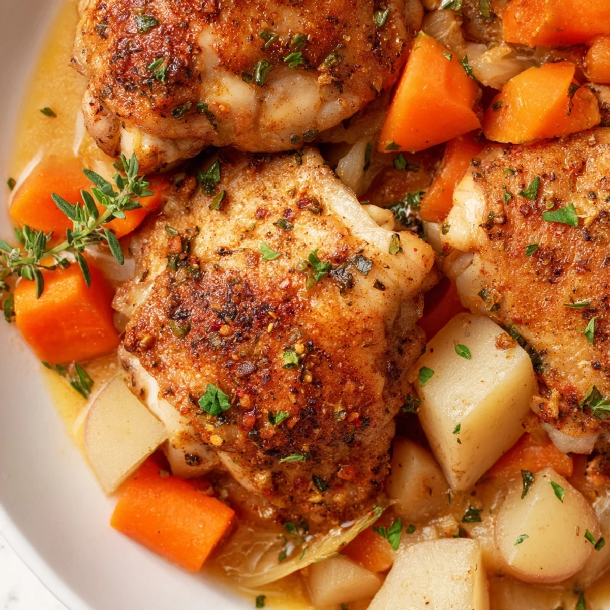 Tender slow cooker chicken dinner with carrots, potatoes, and savory herb sauce in a rustic bowl