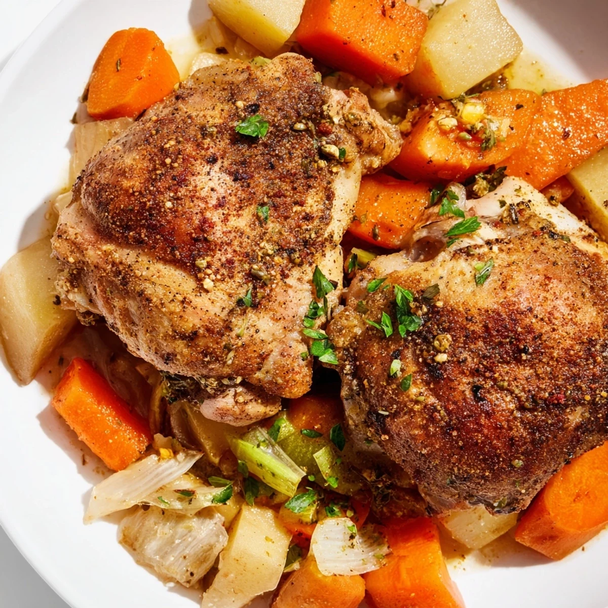 Golden slow cooker chicken dinner served over tender vegetables with fresh parsley garnish on top