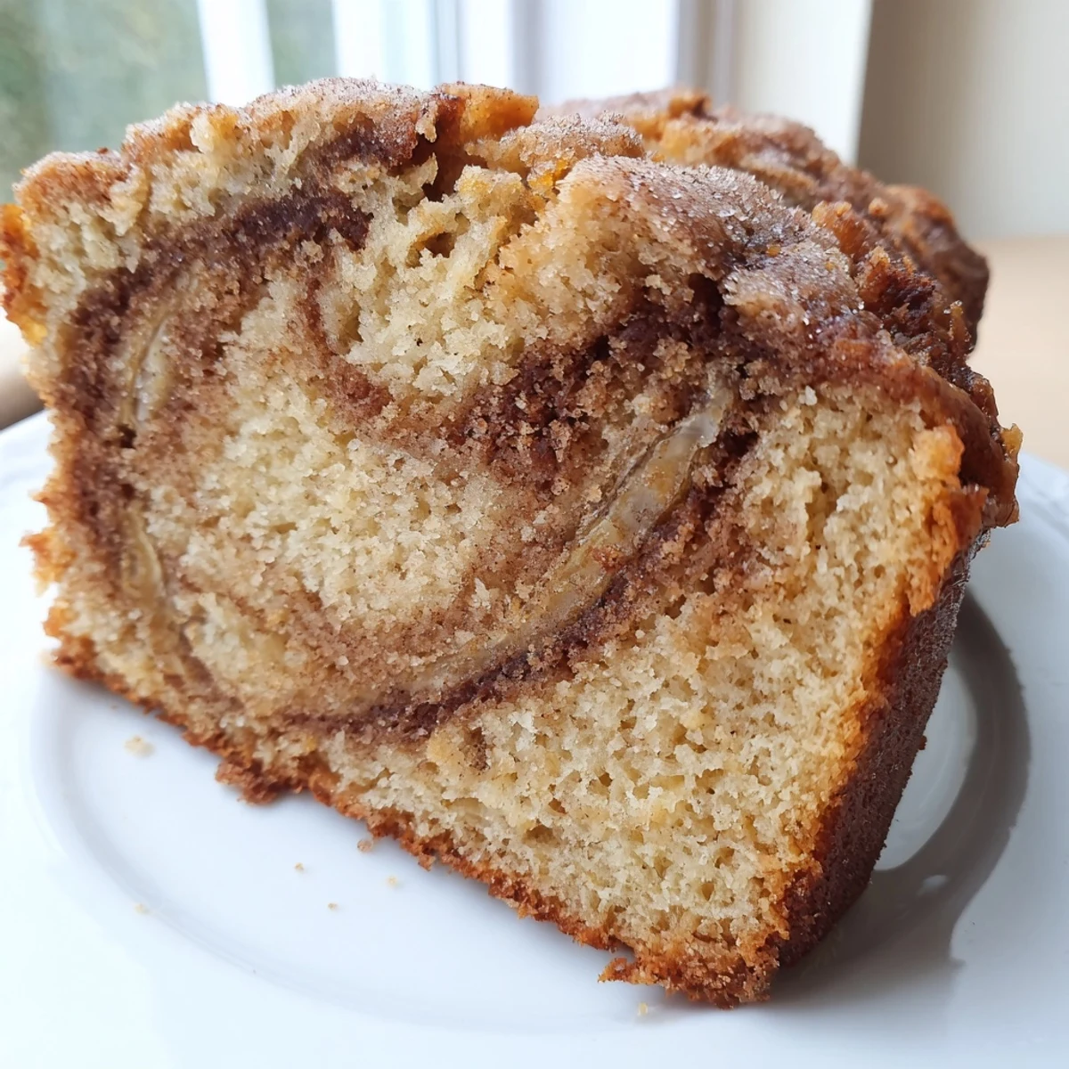 Moist cinnamon sugar swirl banana bread sliced thick showing golden marbled cinnamon ribbons throughout