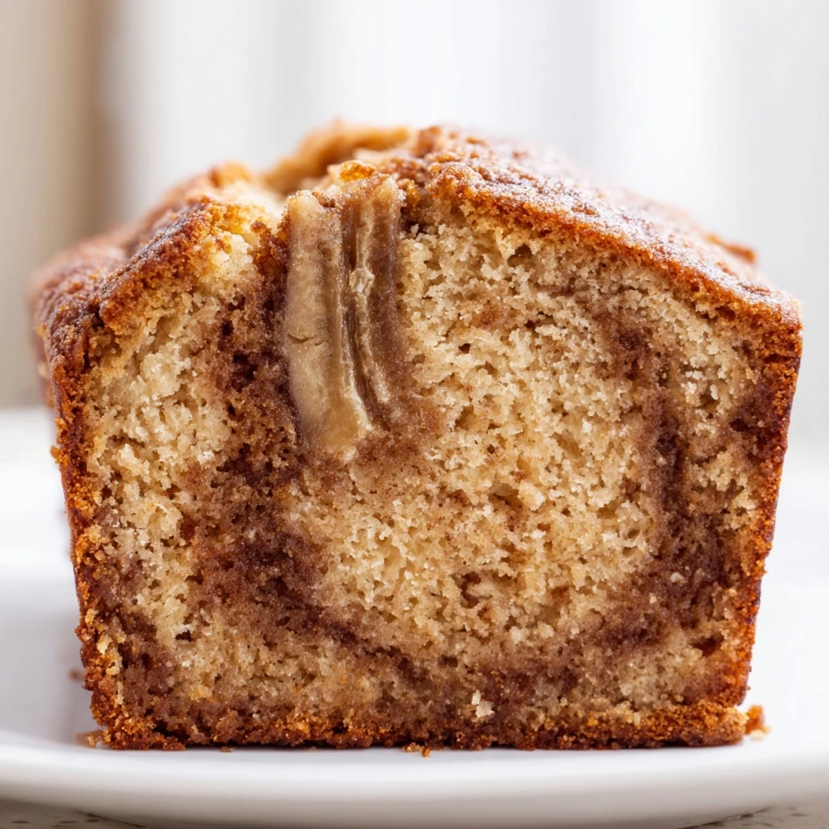 Warm cinnamon sugar swirl banana bread with caramelized cinnamon spirals in a tender moist loaf
