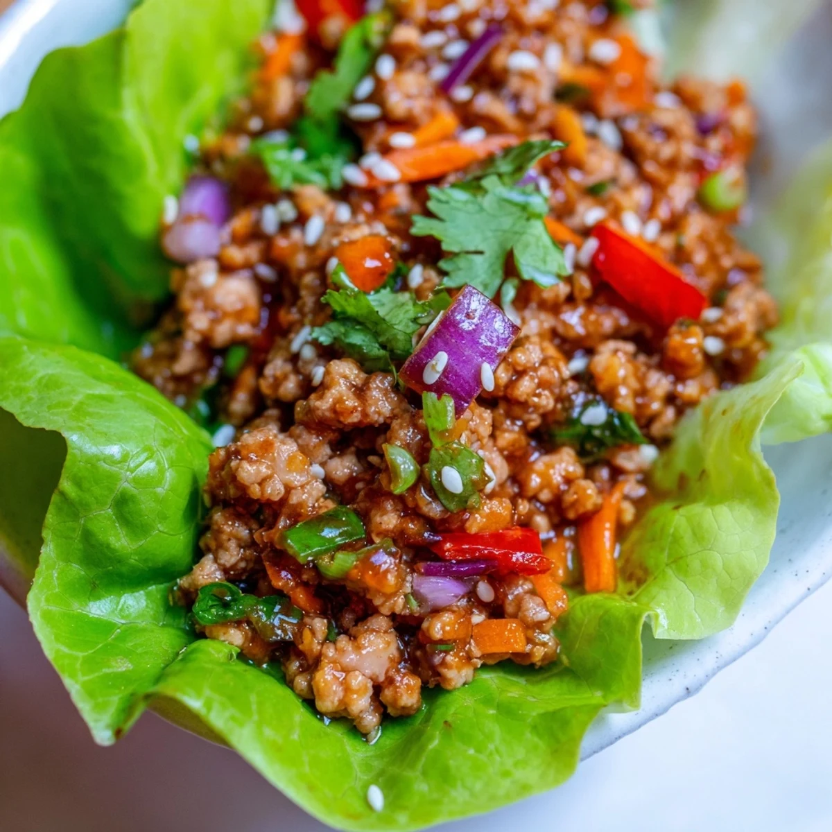 Seasoned ground turkey filling spilling from crisp romaine lettuce cups topped with sesame seeds