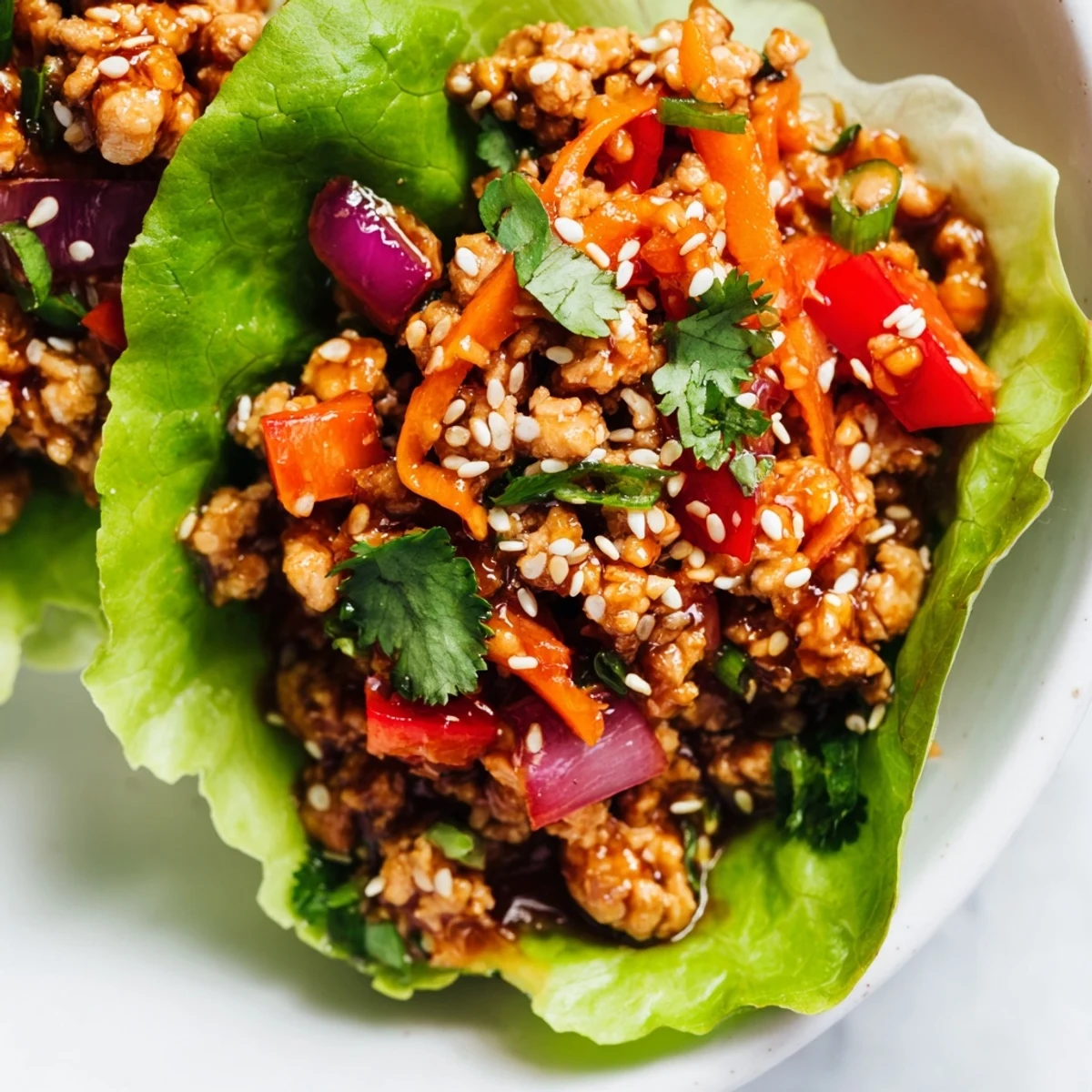 Crisp lettuce bowls loaded with savory ground turkey and colorful fresh vegetables