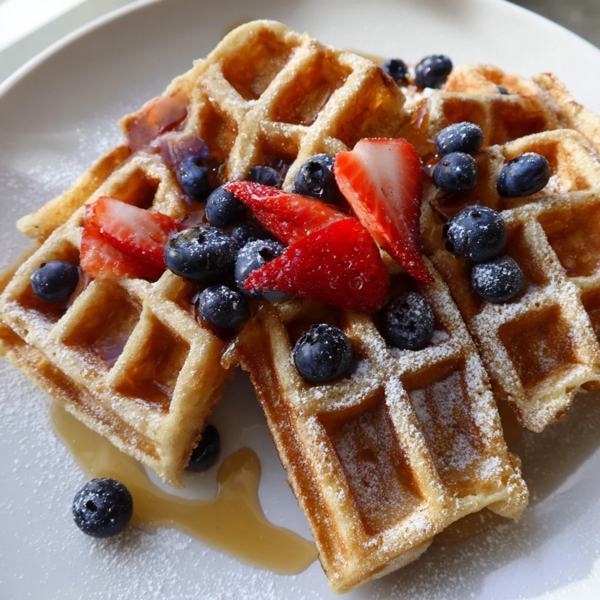 Crispy golden Greek yogurt waffles stacked on a plate with fresh berries and maple syrup