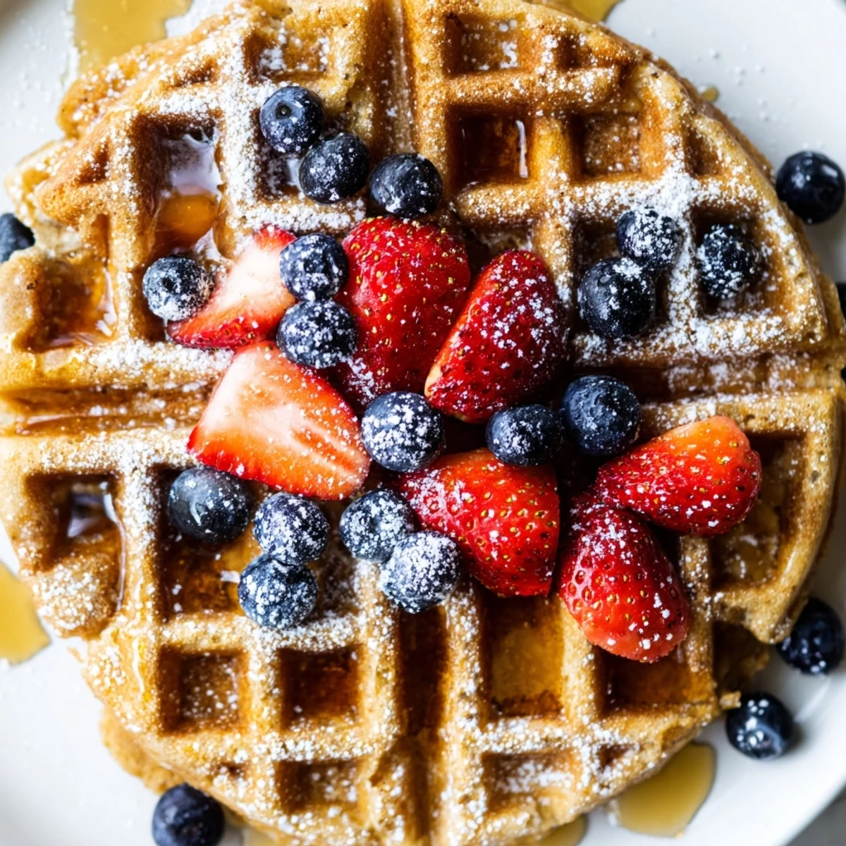 Light and fluffy Greek yogurt waffles served warm with melted butter and honey drizzle