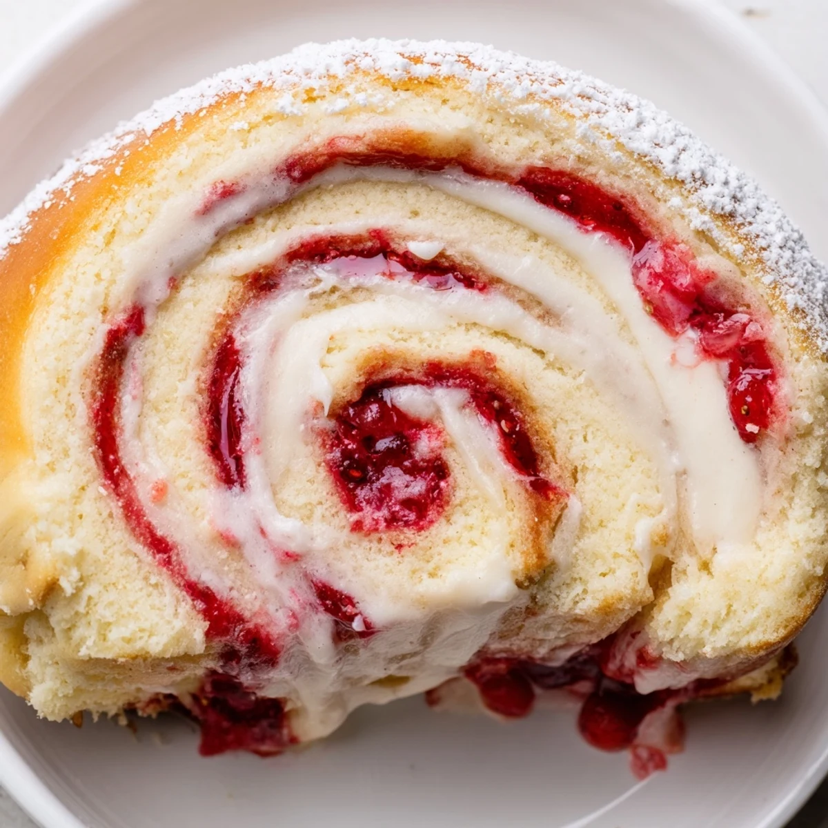 Golden Strawberry Shortcake Cheesecake Rolls drizzled with sweet vanilla glaze on rustic white plate