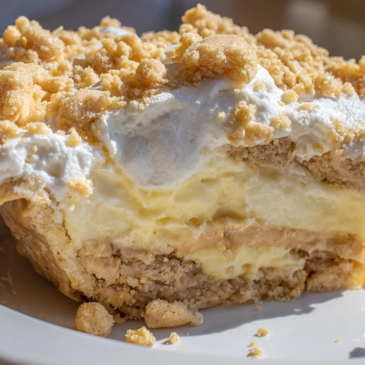 Creamy Amish peanut butter dream pie topped with whipped cream and golden crumbs