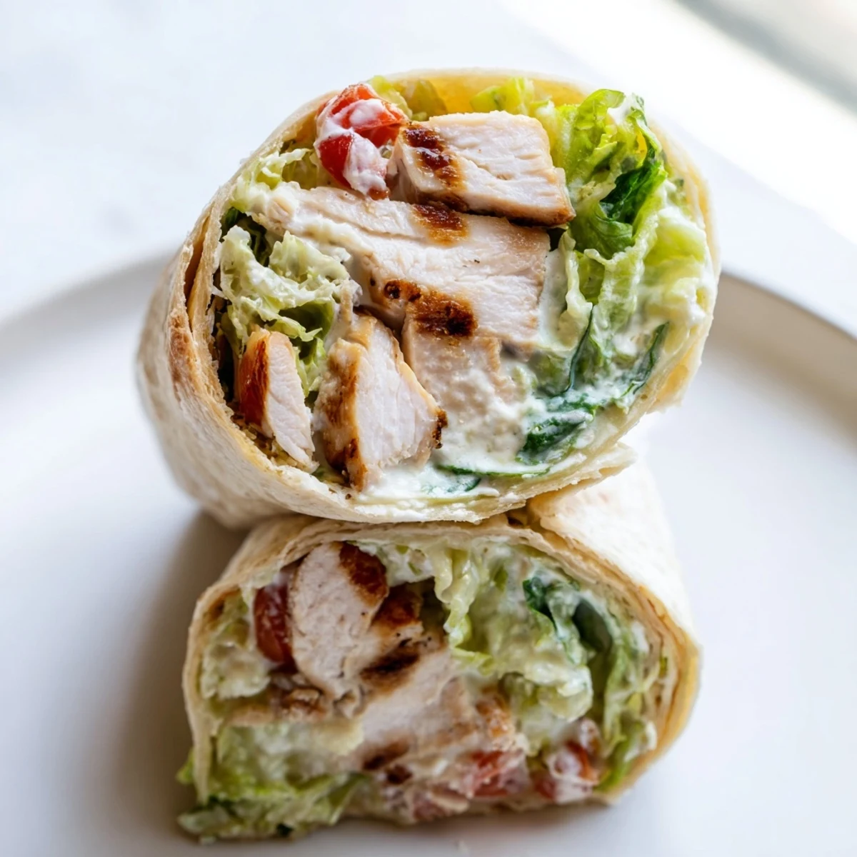 Golden grilled chicken Caesar wraps sliced in half showing crisp romaine and creamy dressing