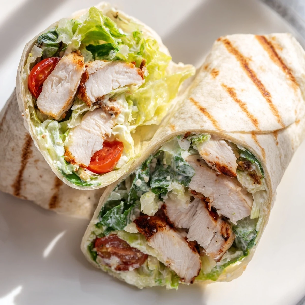 Tortilla wrapped chicken Caesar wraps stuffed with fresh lettuce Parmesan and zesty dressing
