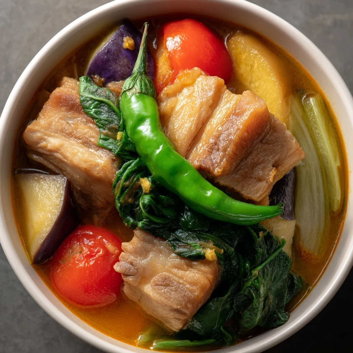 Steaming bowl of Filipino Sinigang sour soup with tender pork and fresh vegetables