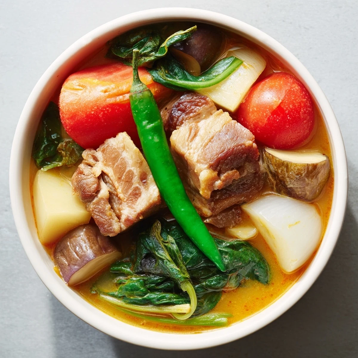 Filipino Sinigang sour soup served hot with spinach, radish, and savory broth
