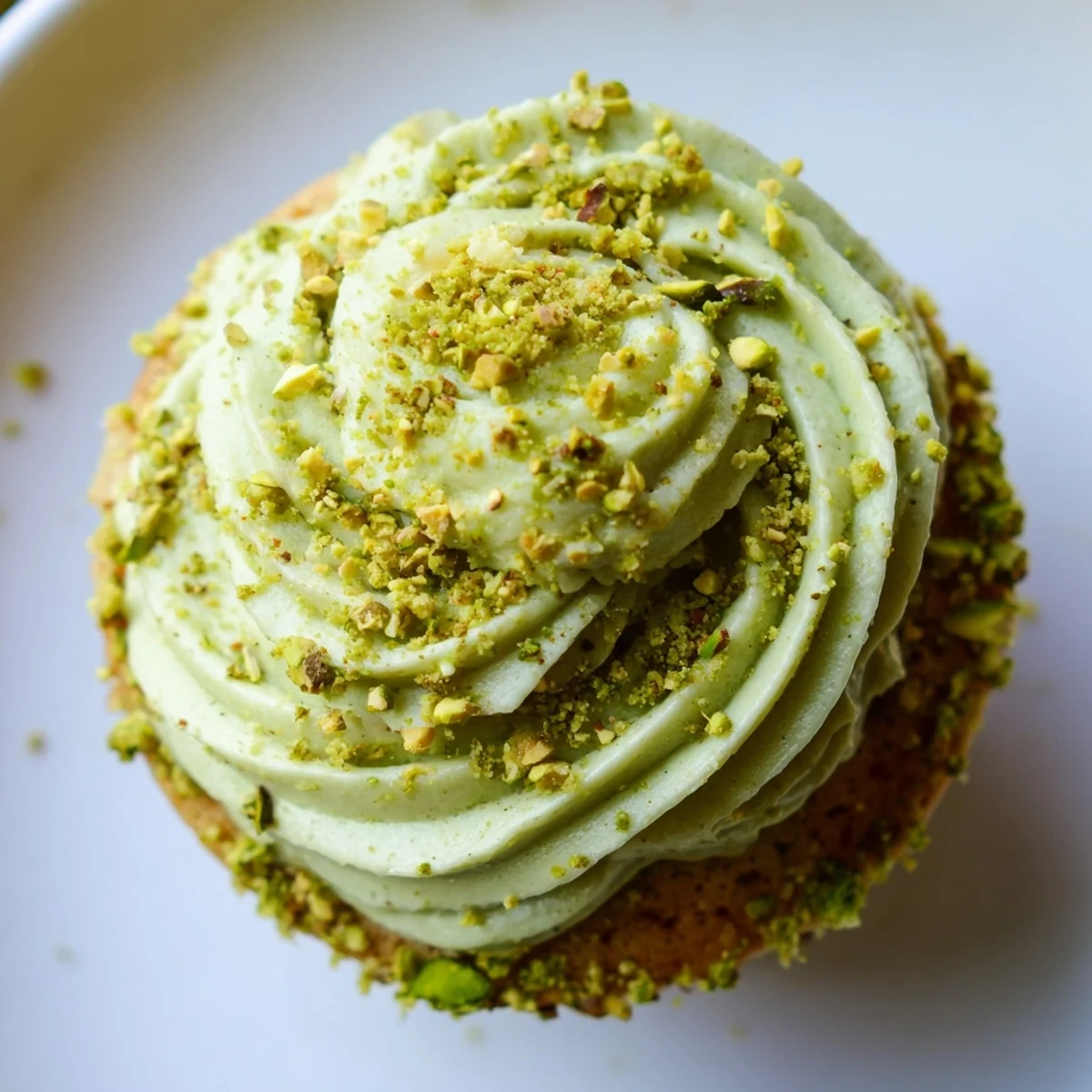 Pistachio Cupcakes topped with creamy green buttercream frosting and sprinkled chopped nuts