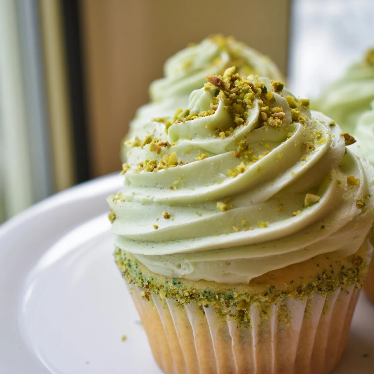 Moist Pistachio Cupcakes with fluffy pistachio buttercream piped high on golden cake