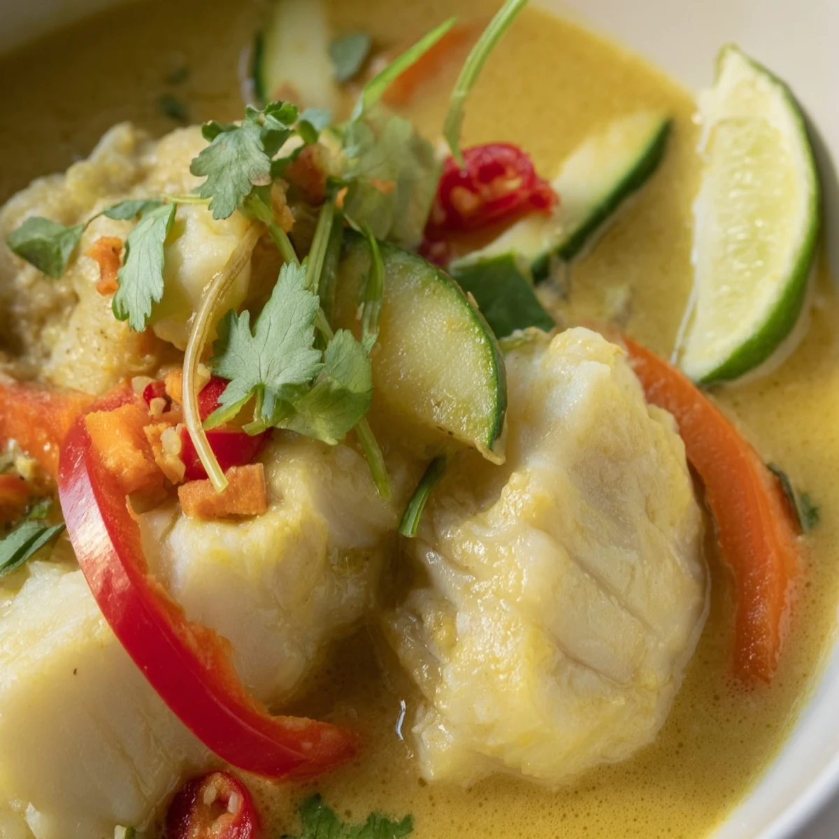 Creamy coconut white fish stew in a golden bowl garnished with fresh cilantro and lime wedges