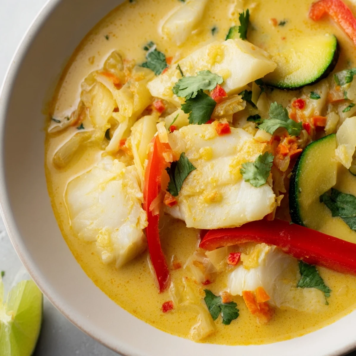 Tender white fish chunks simmered in fragrant coconut broth with colorful vegetables and aromatic spices