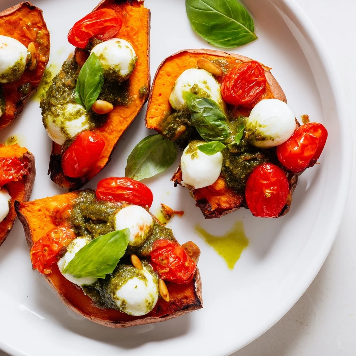 Golden roasted sweet potatoes topped with tomatoes, mozzarella, and vibrant green pesto