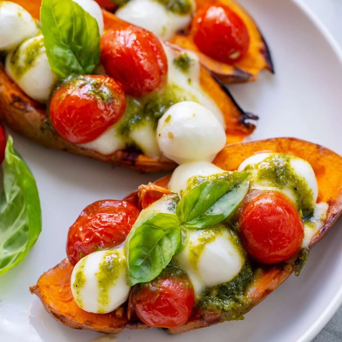 Creamy mozzarella and juicy tomatoes melt over tender sweet potatoes with basil pesto