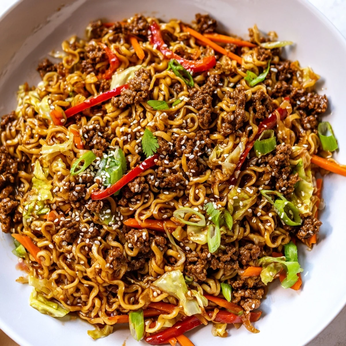 Asian ground beef noodles topped with sesame seeds and fresh green onions in bowl