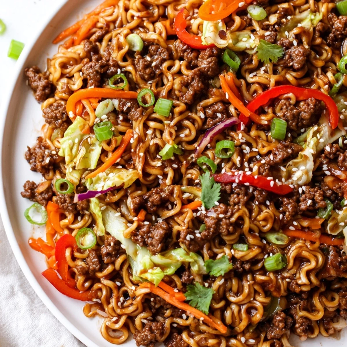 Savory Asian ground beef noodles tossed with colorful vegetables in glossy brown sauce