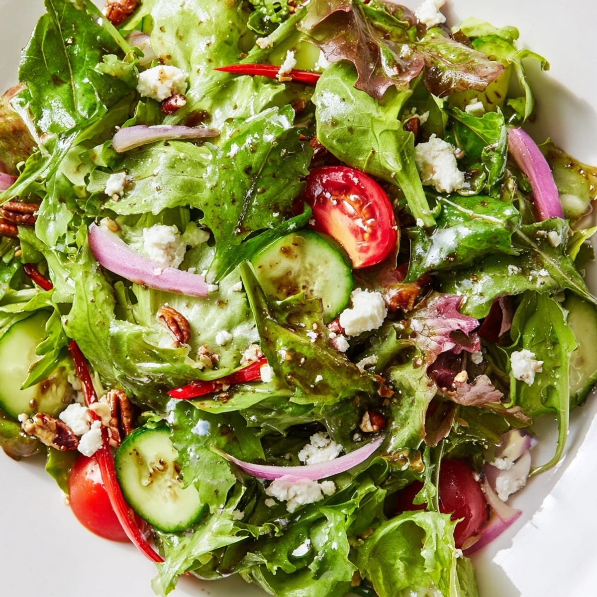 Bowl of spring mix salad with colorful cherry tomatoes and crisp cucumbers drizzled with vinaigrette