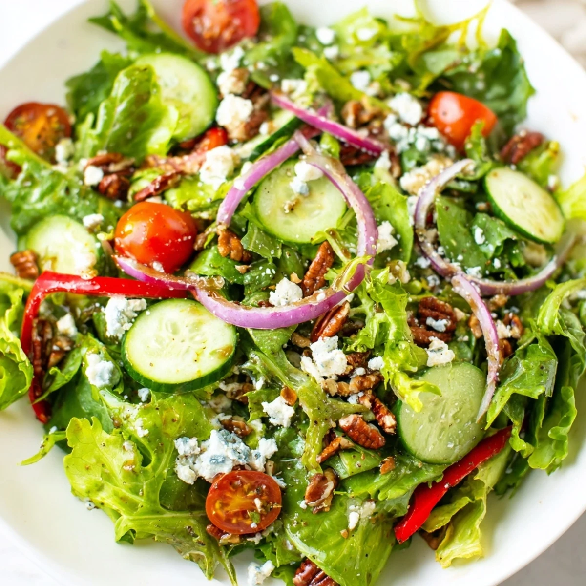 Fresh spring mix salad topped with crumbled feta toasted pecans and tender leafy greens