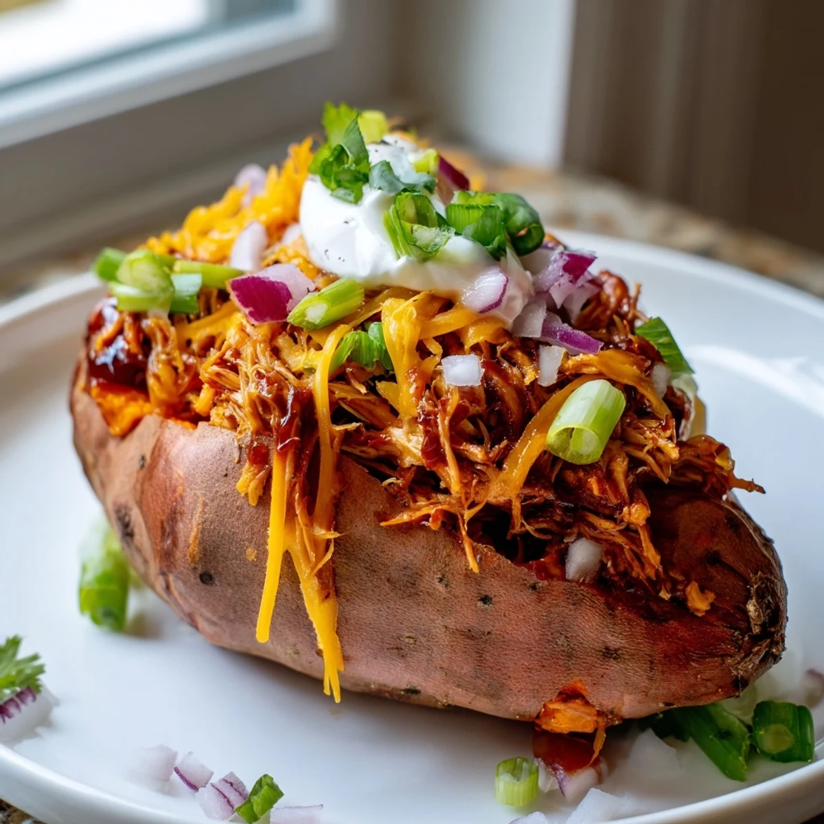 Tender roasted sweet potato split open and piled high with smoky BBQ chicken and melted cheddar cheese