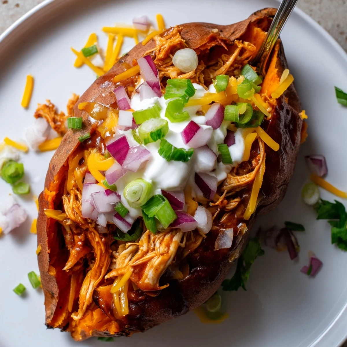 BBQ chicken stuffed sweet potatoes topped with green onions and creamy sour cream on a white plate