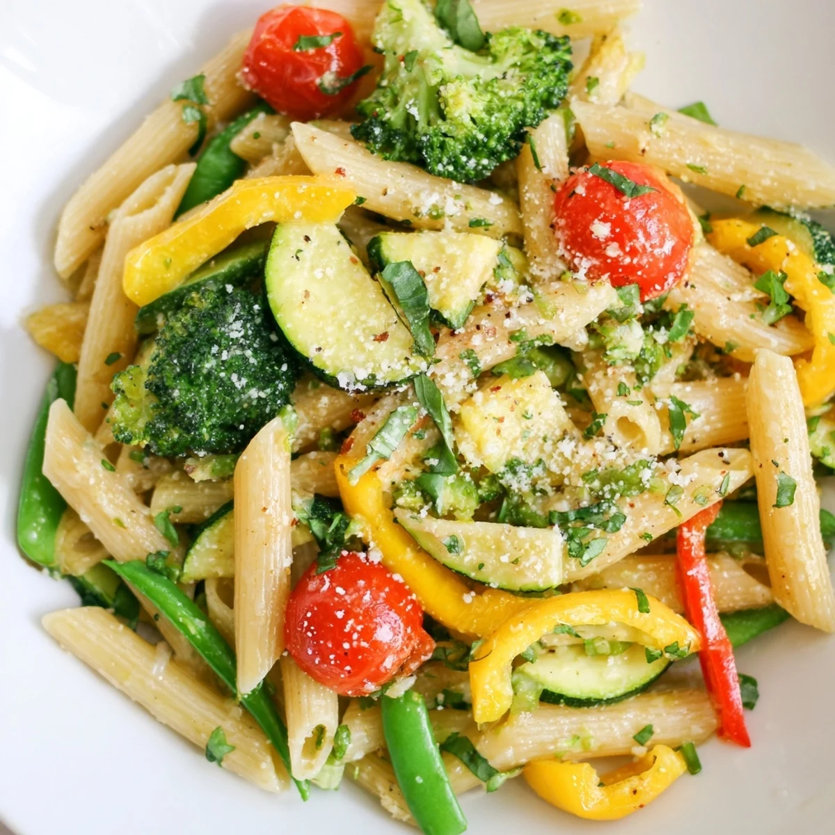 Colorful Pasta Primavera loaded with fresh garden vegetables in a light lemon garlic sauce