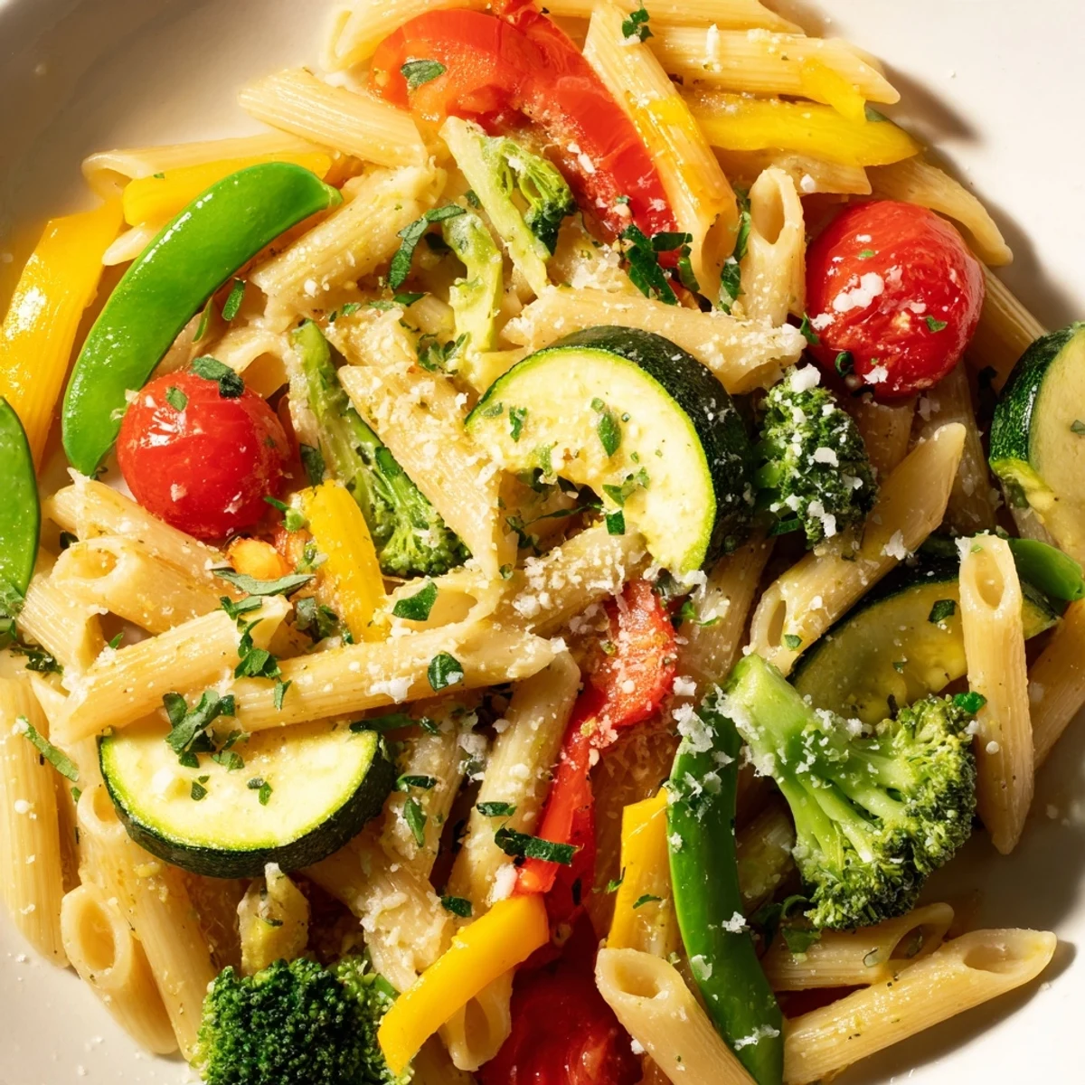 Creamy Pasta Primavera topped with grated Parmesan and fresh basil on a white plate