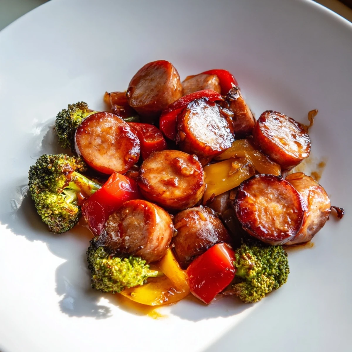 Caramelized honey garlic kielbasa roasted with colorful tender vegetables on a sheet pan