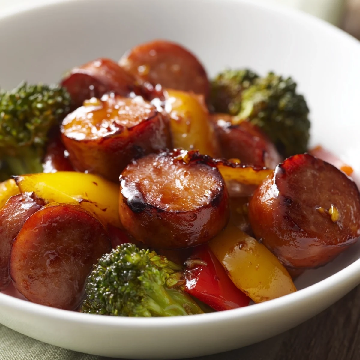 Smoky kielbasa slices glistening with sticky honey garlic glaze beside vibrant roasted peppers