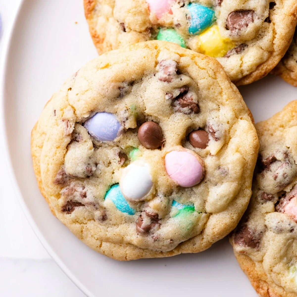 Chewy Cadbury Egg Cookies with colorful candy pieces nestled in soft golden cookie dough
