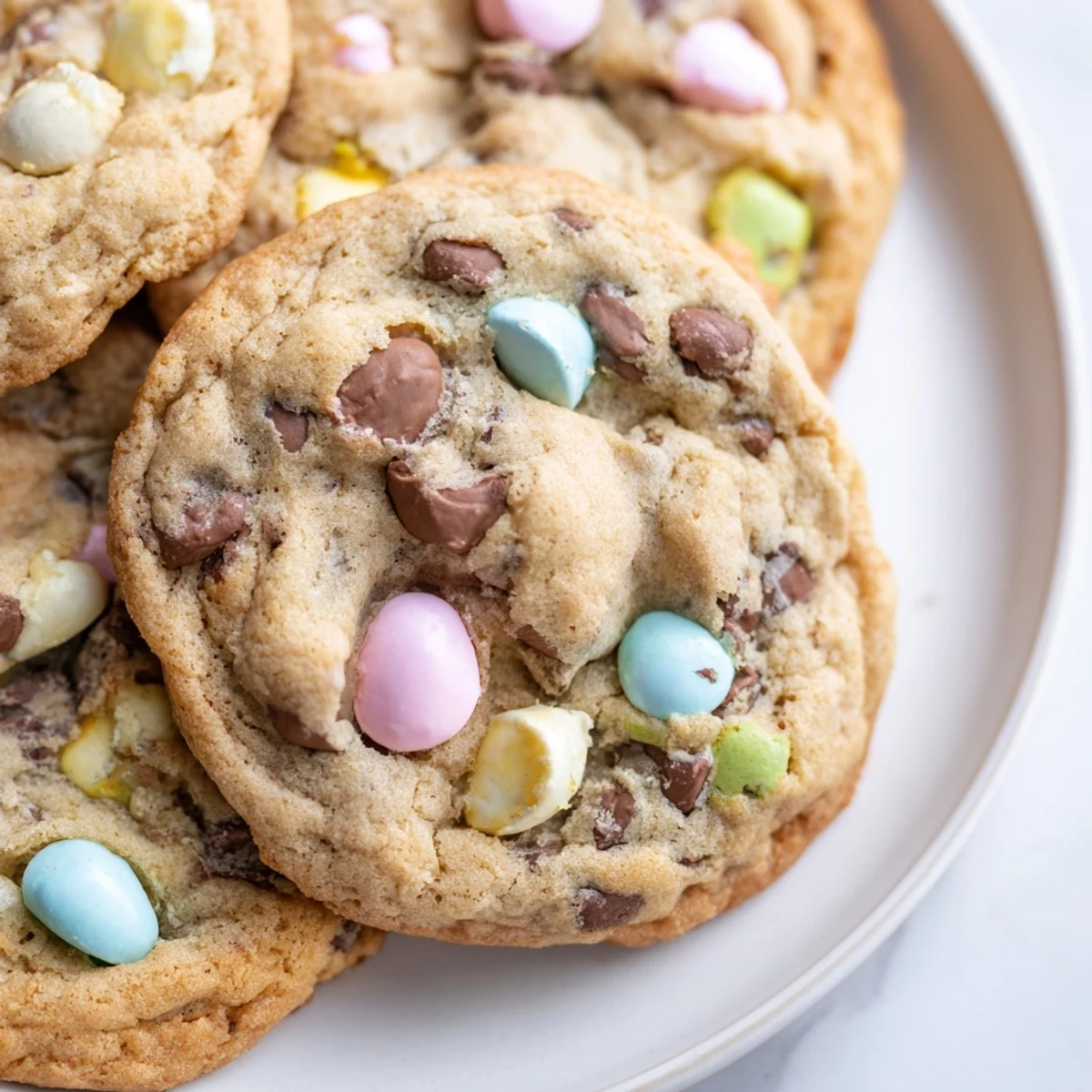 Warm Cadbury Egg Cookies fresh from the oven with melty chocolate chips throughout