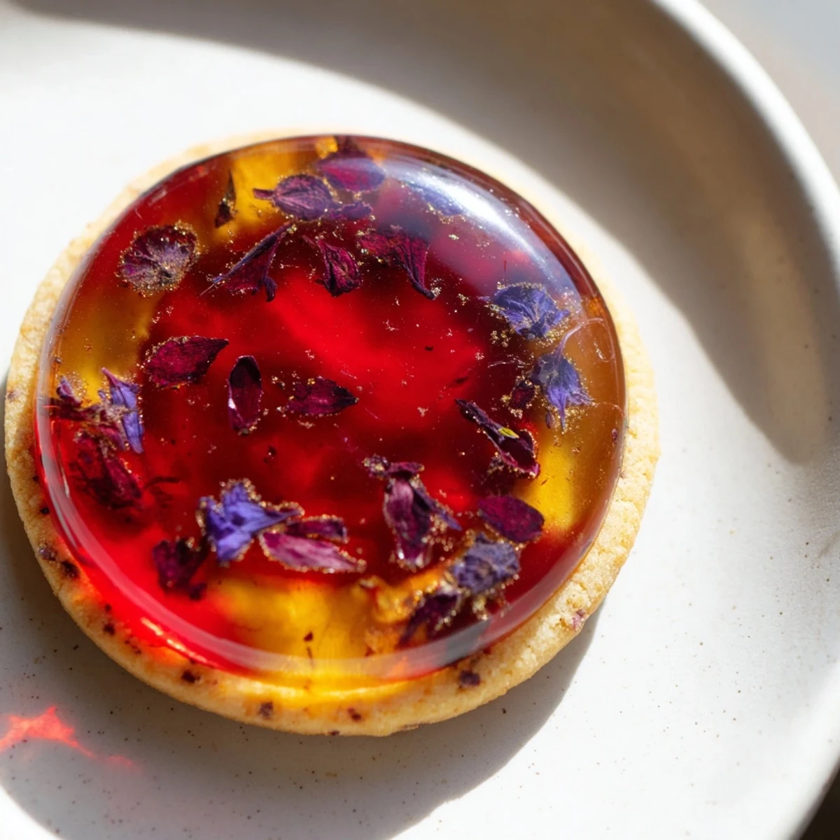 Earl Grey Stained Glass Floral Cookies arranged on a rustic wooden board beside a steaming teacup