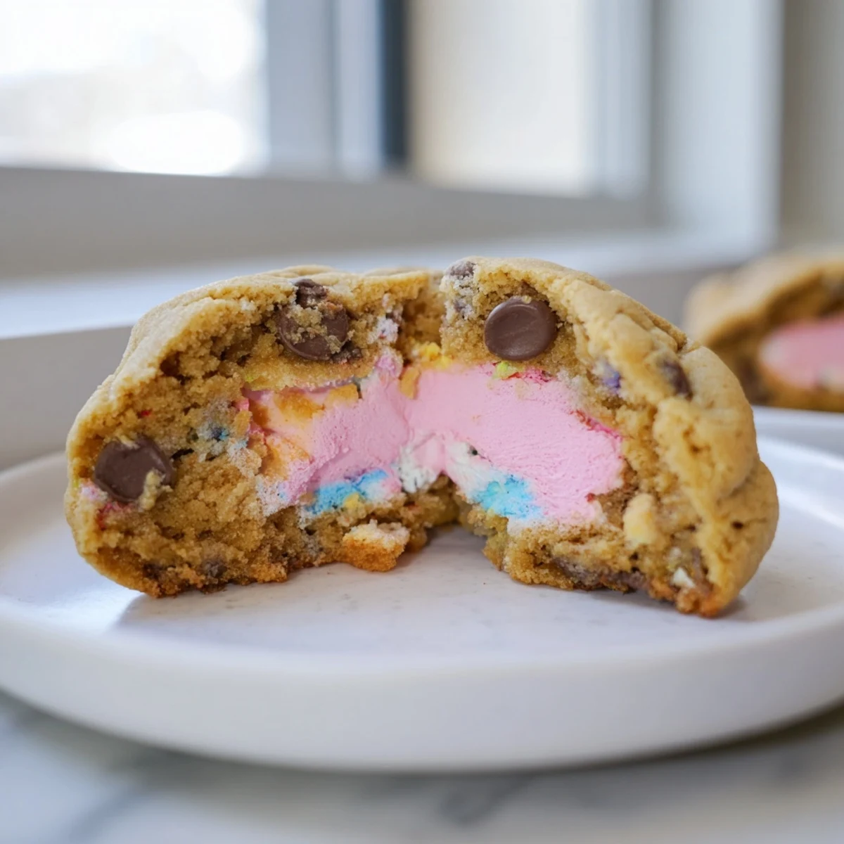 Golden Chocolate Chip Peep Stuffed Easter Cookies with melty marshmallow centers on a rustic baking sheet