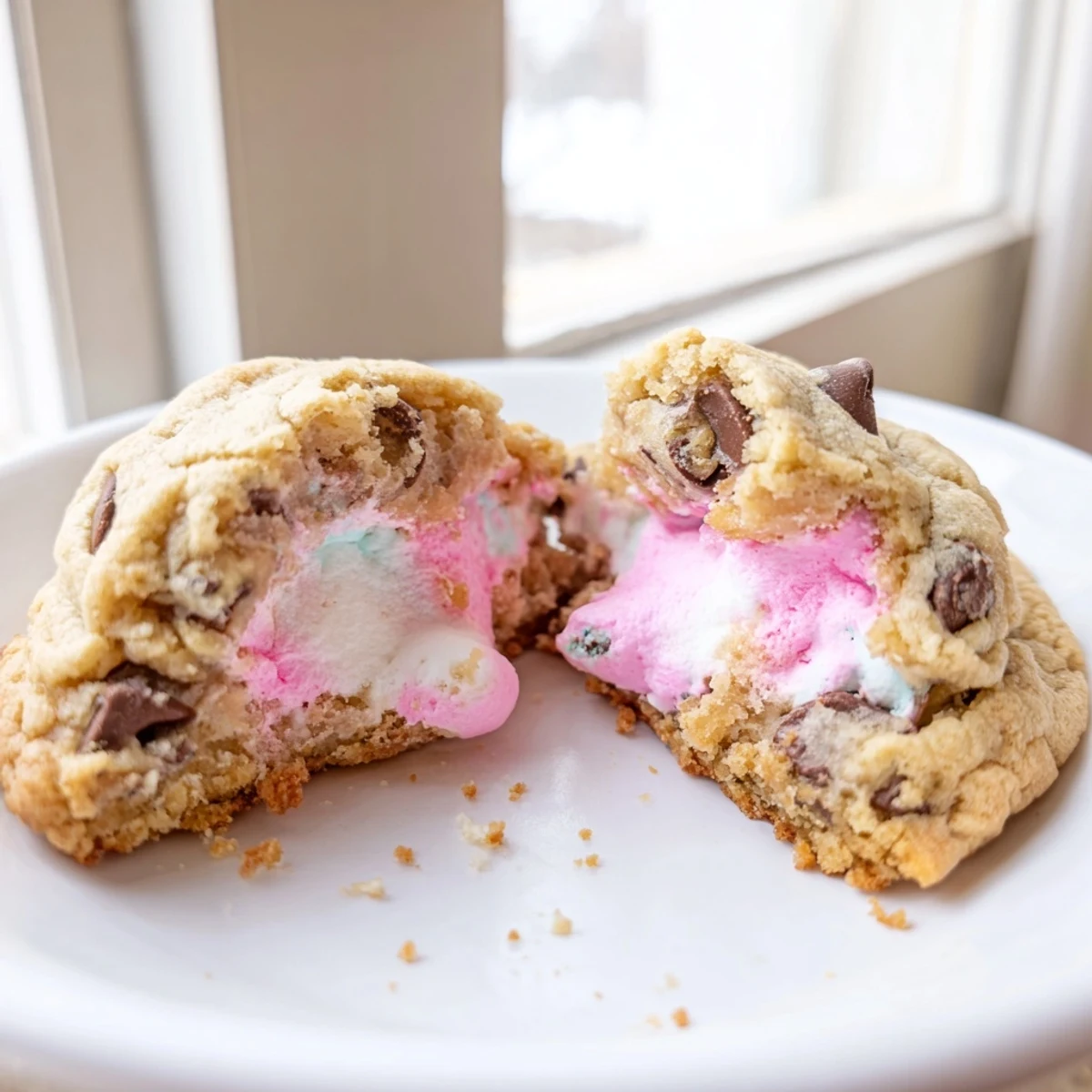 Soft Chocolate Chip Peep Stuffed Easter Cookies revealing colorful marshmallow peeks with chocolate chip speckles