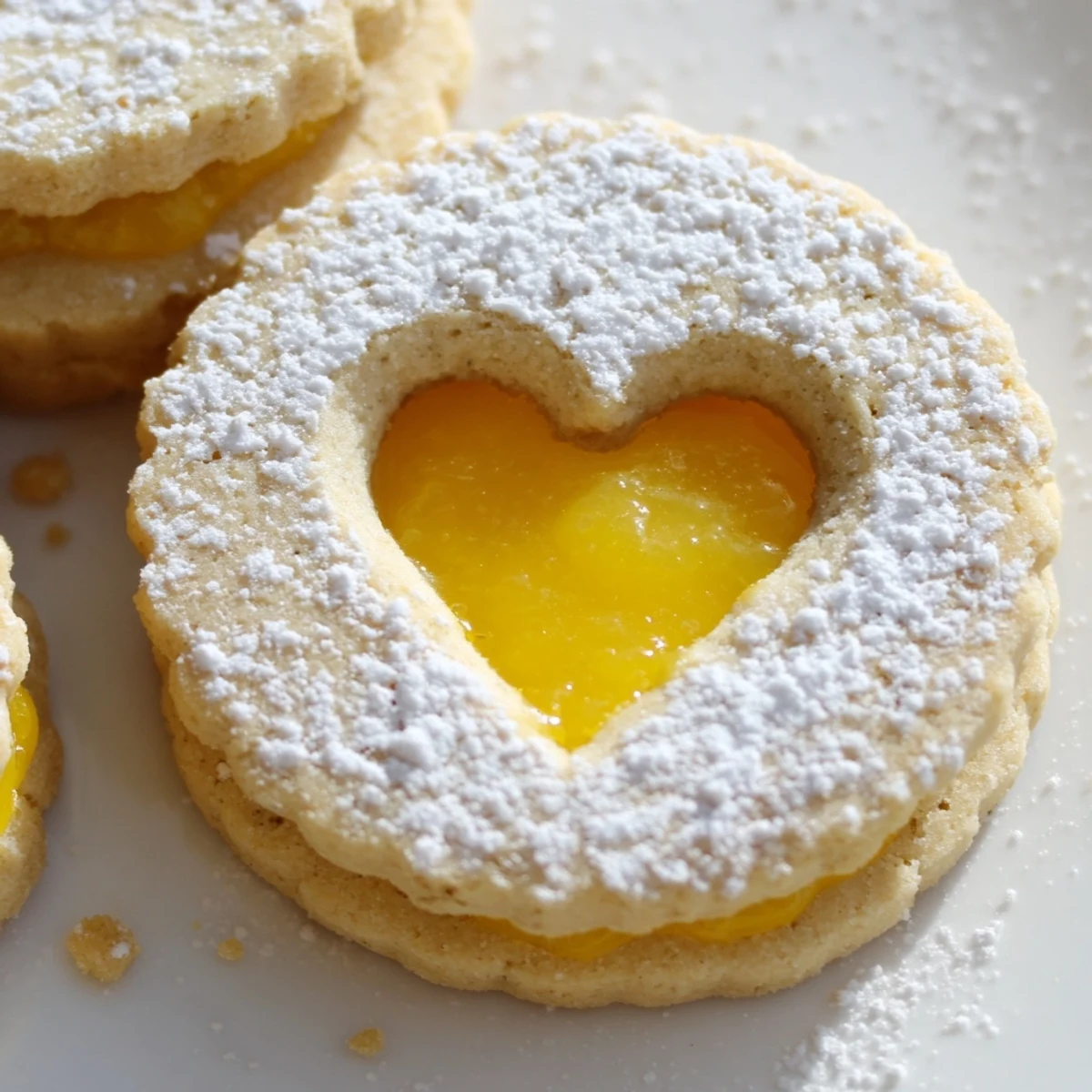 Meyer Lemon Curd Linzer Cookies dusted with powdered sugar reveal bright citrus filling through delicate cutout windows