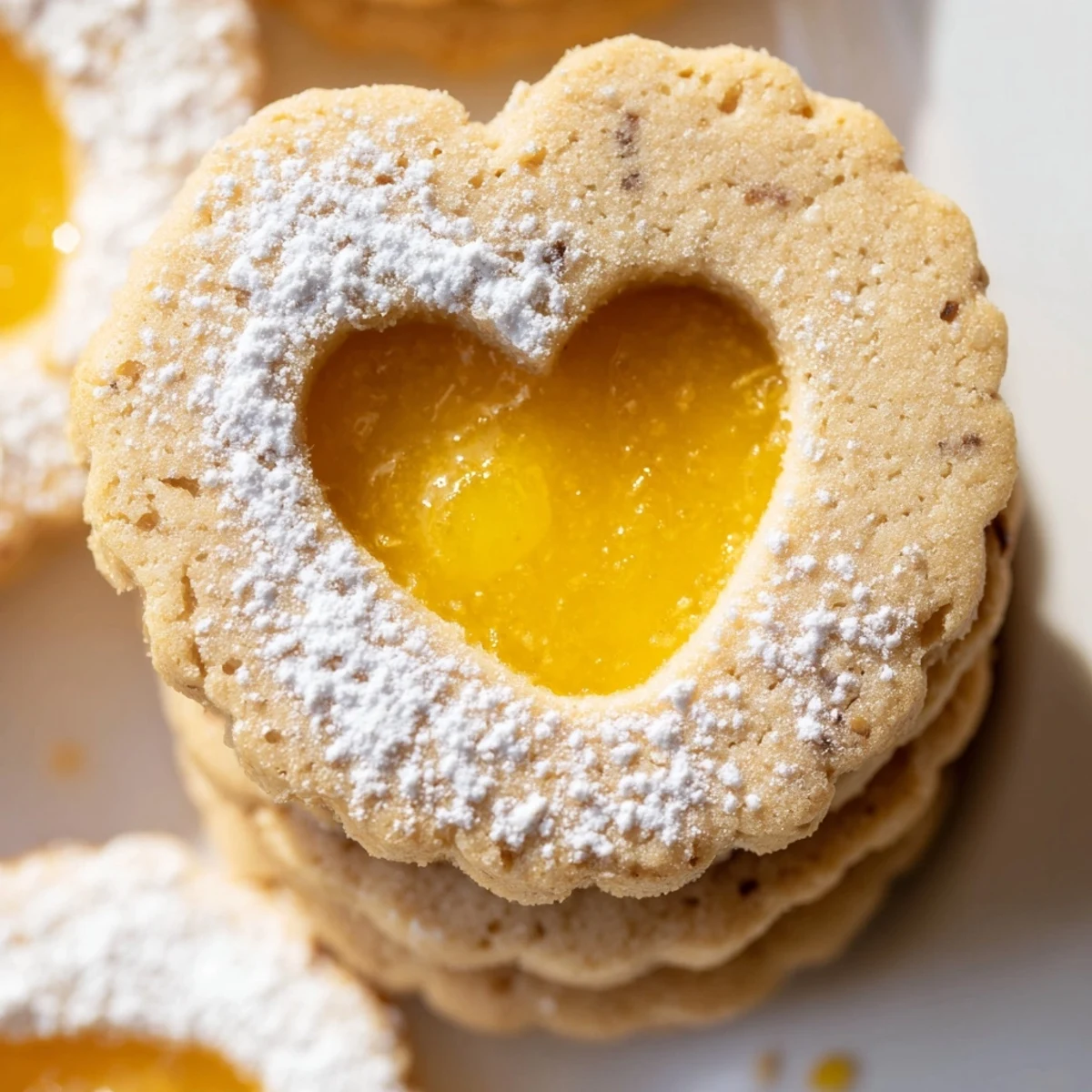 Buttery almond Meyer Lemon Curd Linzer Cookies stacked on a rustic plate showcase golden edges and tangy centers