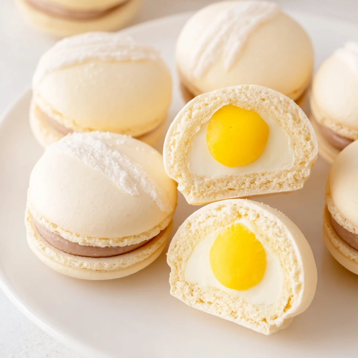 Golden Cadbury Egg macarons arranged on a pastel plate for Easter dessert