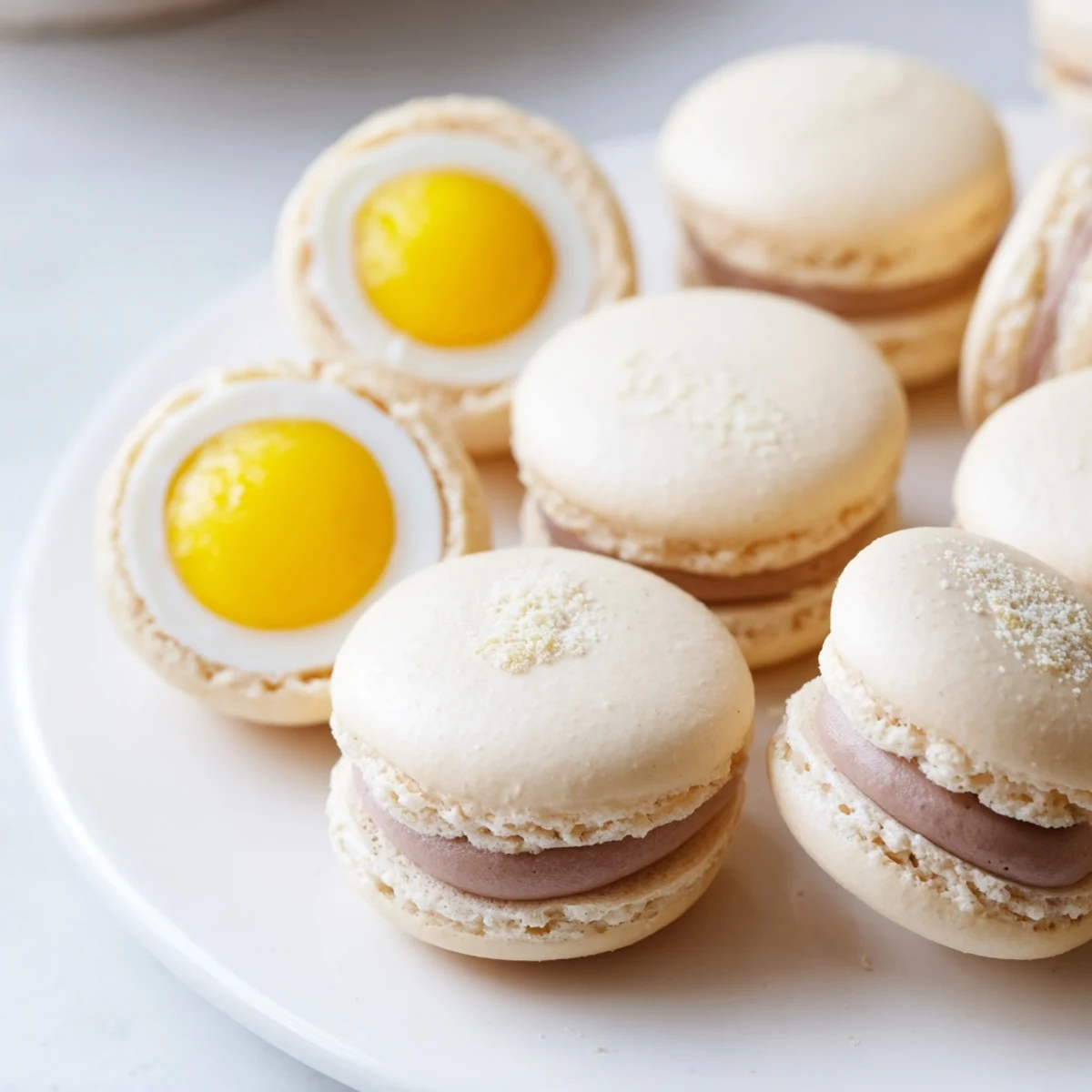 Smooth chocolate Cadbury Egg macarons with sunny yellow yolk centers stacked together