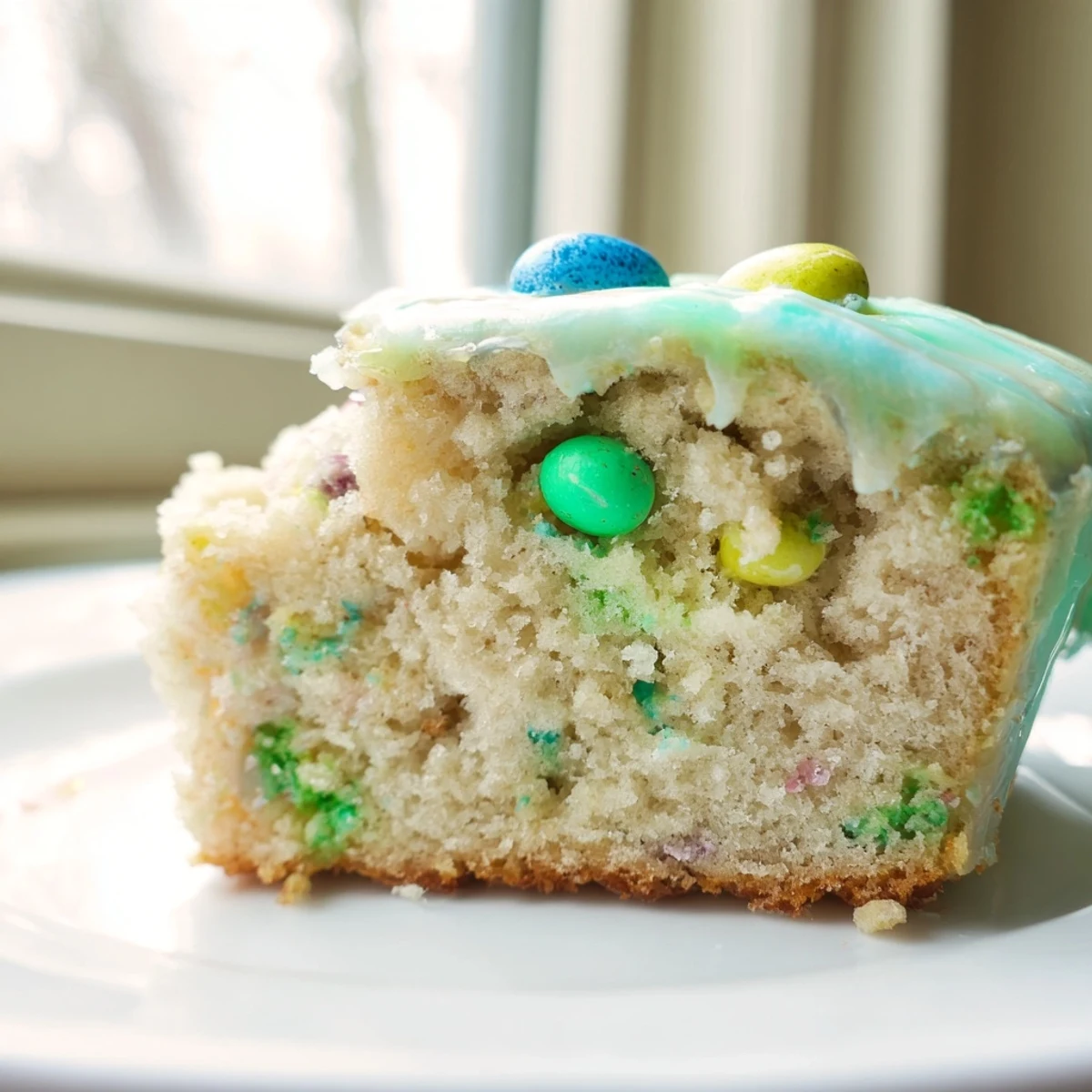 Robin Egg Snack Cake topped with pastel glazed whole candy eggs on a decorative plate