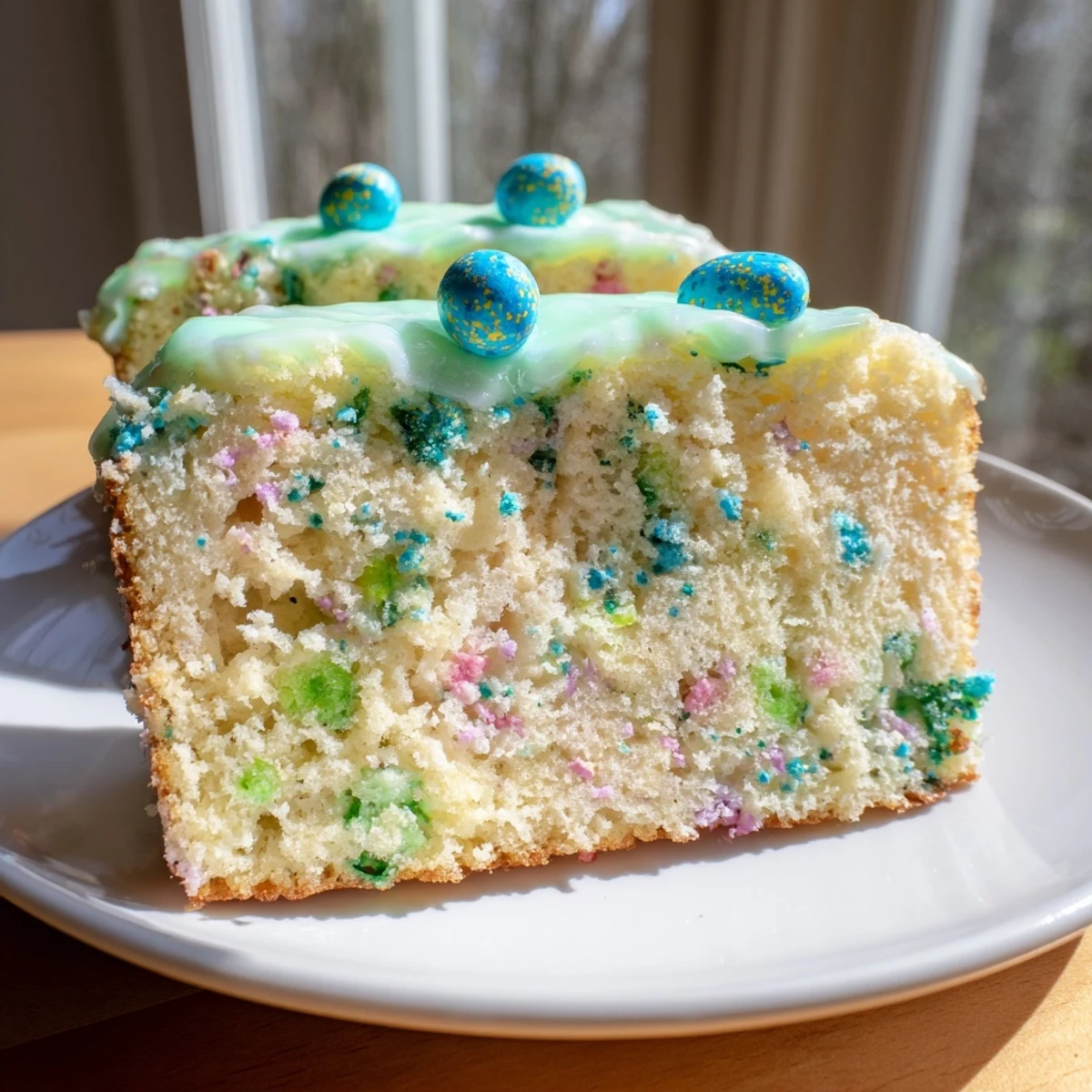 A slice of Robin Egg Snack Cake revealing colorful candy studded vanilla crumbs